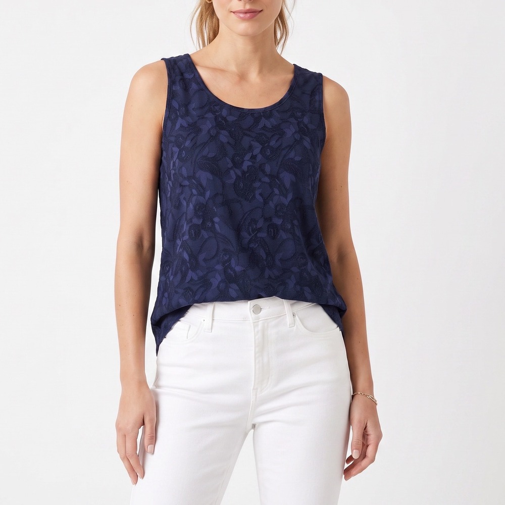 Simply Vera Tank Top Womens M Vera Wang Navy Blue Floral Burnout Excellent